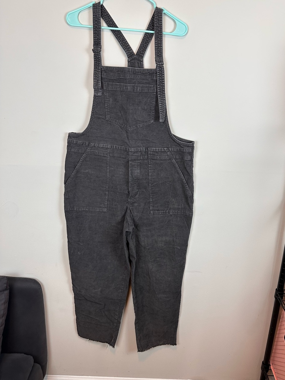 Aerie Corduroy Overalls Women Large Charcoal Gray Relaxed Straight Leg Raw Hem - Picture 3 of 12